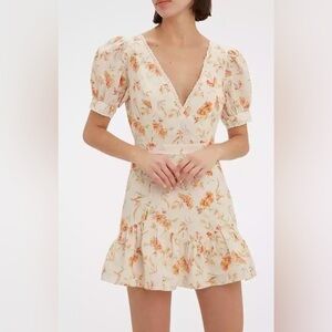 LoveShackFancy Lena Floral Linen Blend Puffy Sleeve‎ Mini Dress - L